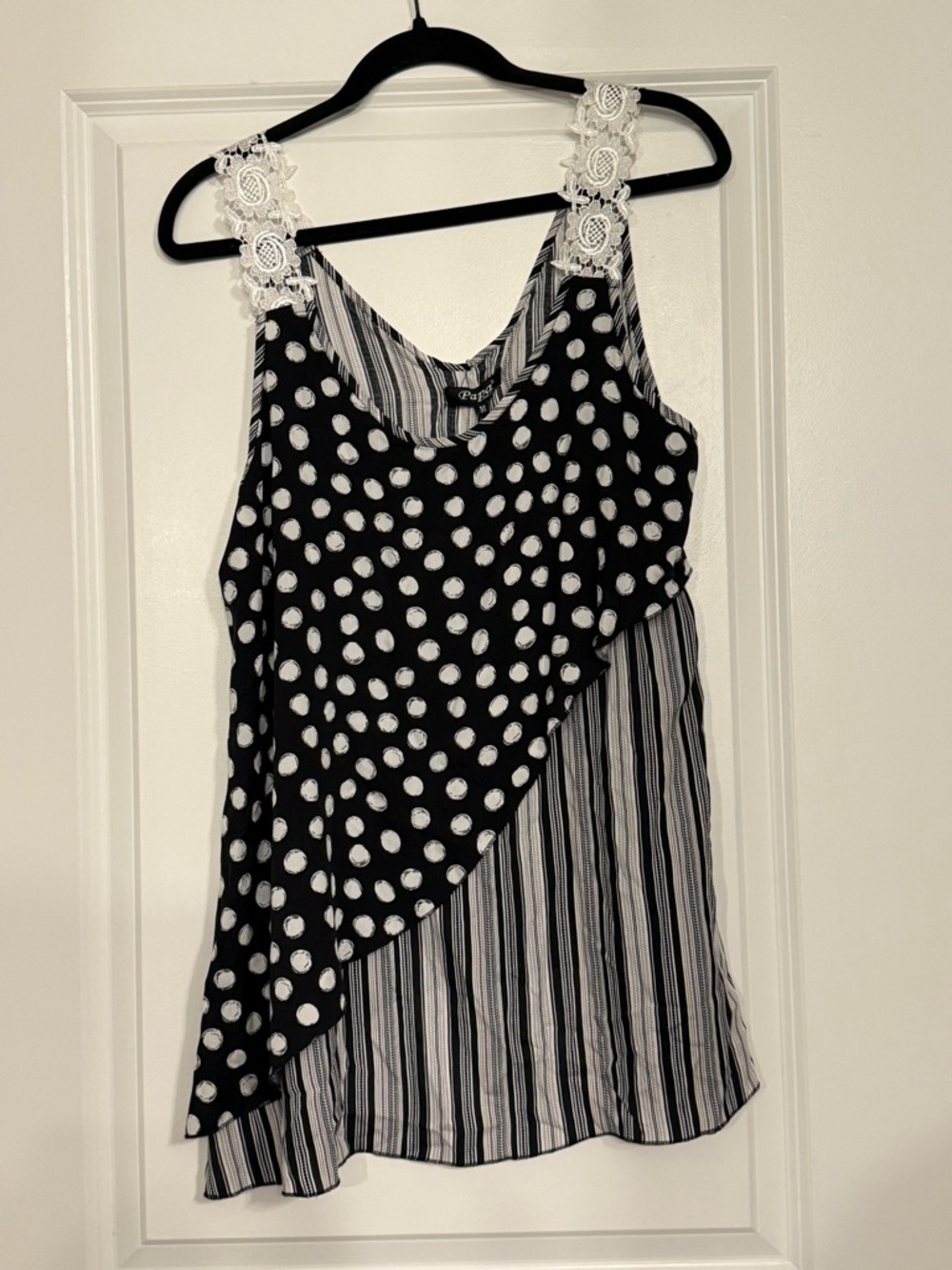 Papa Vancouver Sleeveless Mixed Print Top Lace Straps Black White Size M NWT
